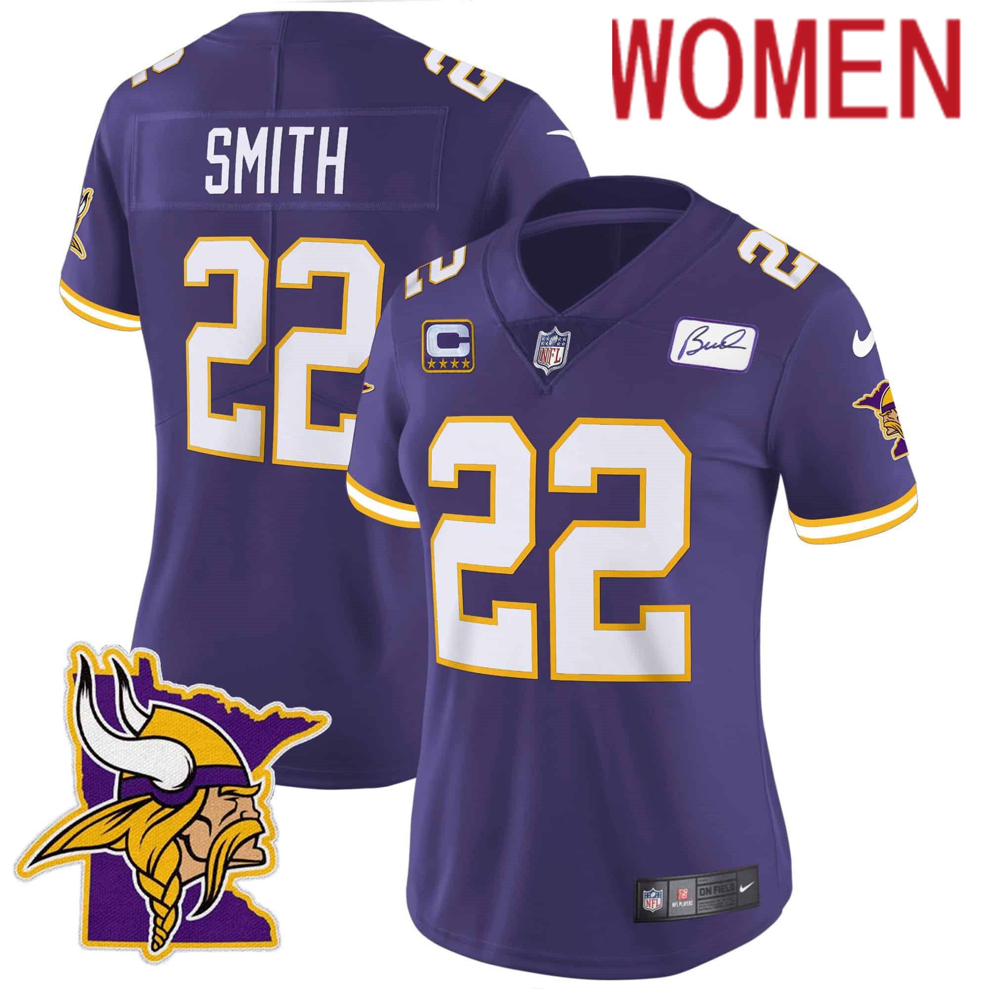 Women Minnesota Vikings #22 Smith Purple 2024 Nike Patch Classic Limited NFL Jersey style 1